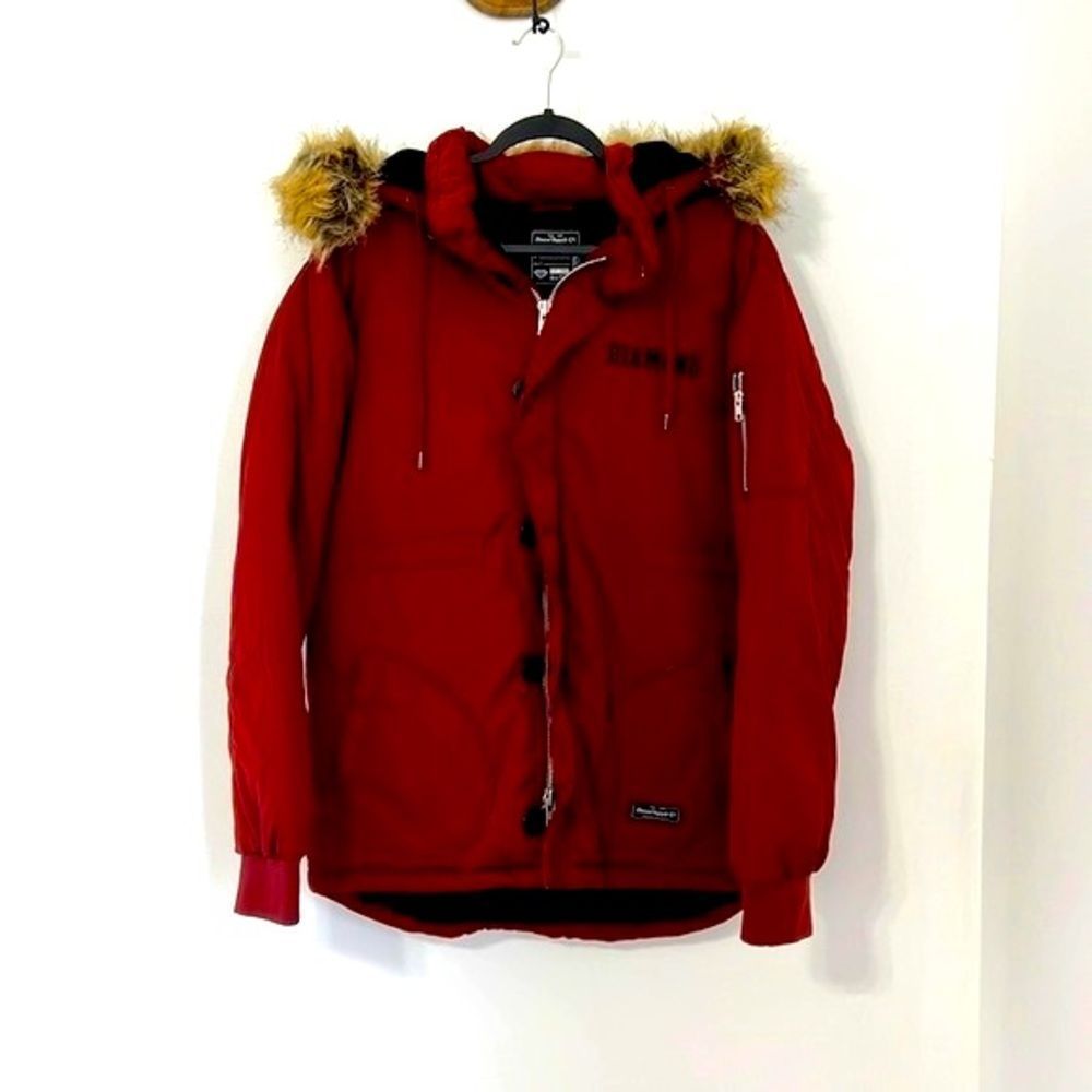 Diamond Supply Co Catskill Puffer Jacket Faux Fur Lined Hood Down Filled READ 👇